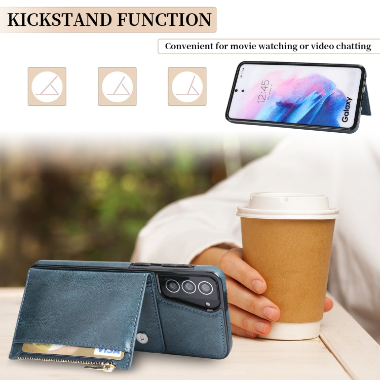 For Samsung Galaxy S21+ 5G Zipper Wallet Bag PU Back Cover Shockrpoof Phone Case with Holder & Card Slots & Wallet