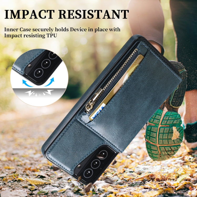 For Samsung Galaxy S21+ 5G Zipper Wallet Bag PU Back Cover Shockrpoof Phone Case with Holder & Card Slots & Wallet