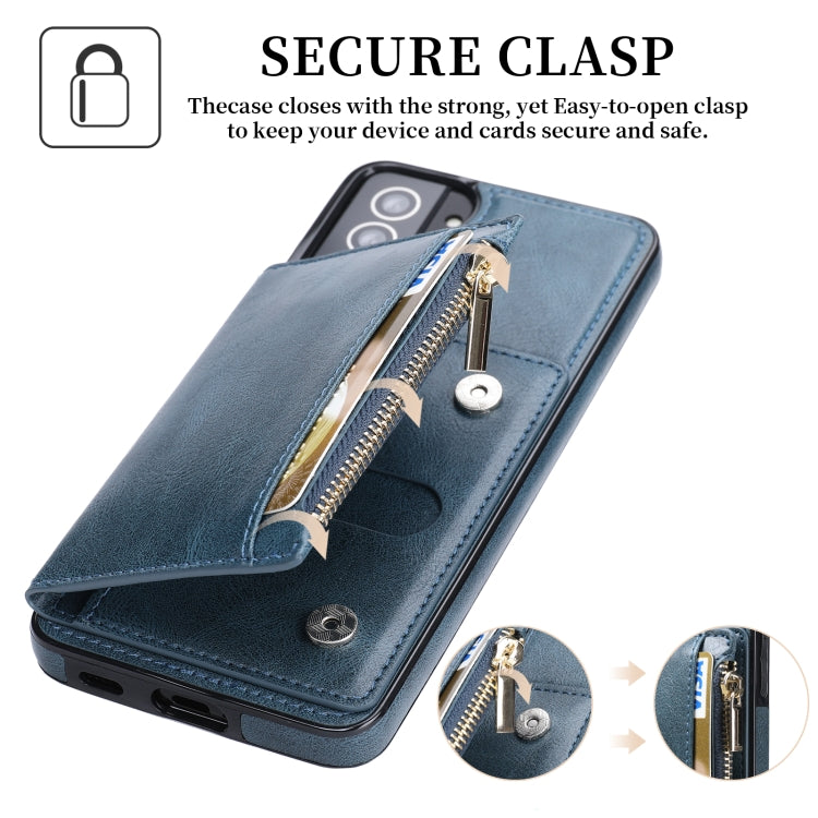 For Samsung Galaxy S21+ 5G Zipper Wallet Bag PU Back Cover Shockrpoof Phone Case with Holder & Card Slots & Wallet