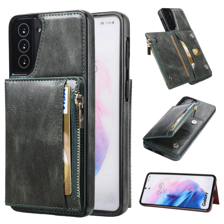 For Samsung Galaxy S21+ 5G Zipper Wallet Bag PU Back Cover Shockrpoof Phone Case with Holder & Card Slots & Wallet