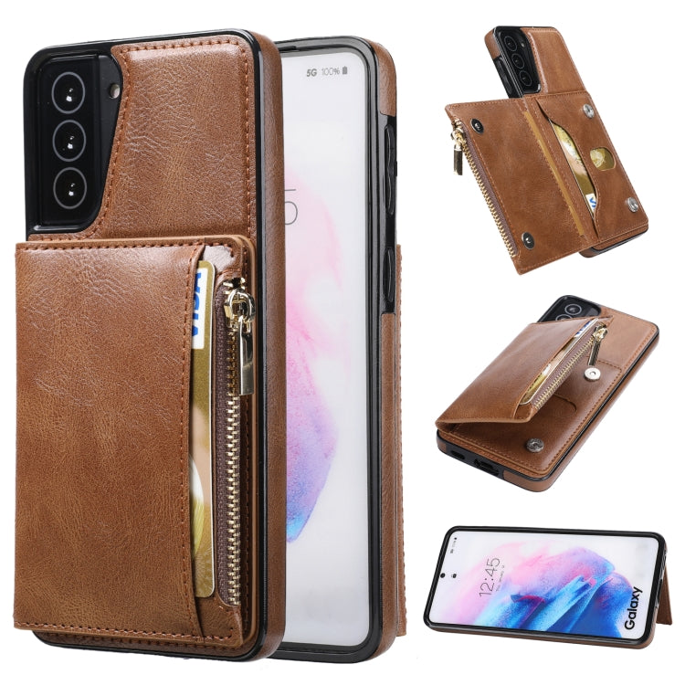For Samsung Galaxy S21+ 5G Zipper Wallet Bag PU Back Cover Shockrpoof Phone Case with Holder & Card Slots & Wallet