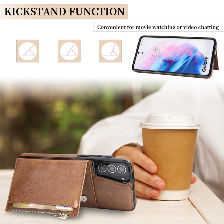 For Samsung Galaxy S21+ 5G Zipper Wallet Bag PU Back Cover Shockrpoof Phone Case with Holder & Card Slots & Wallet