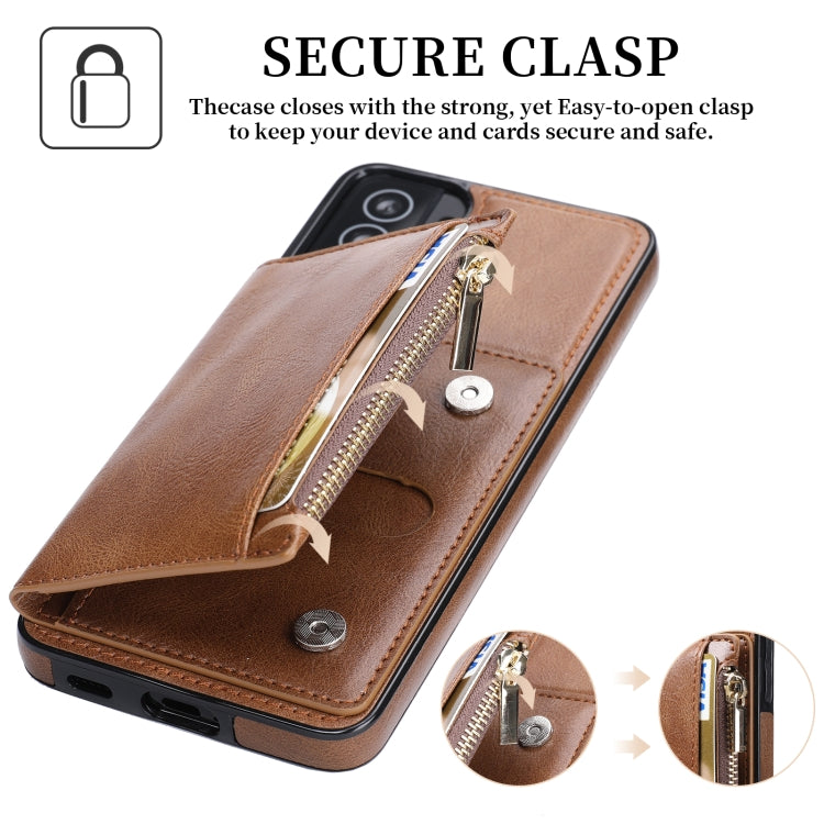 For Samsung Galaxy S21+ 5G Zipper Wallet Bag PU Back Cover Shockrpoof Phone Case with Holder & Card Slots & Wallet