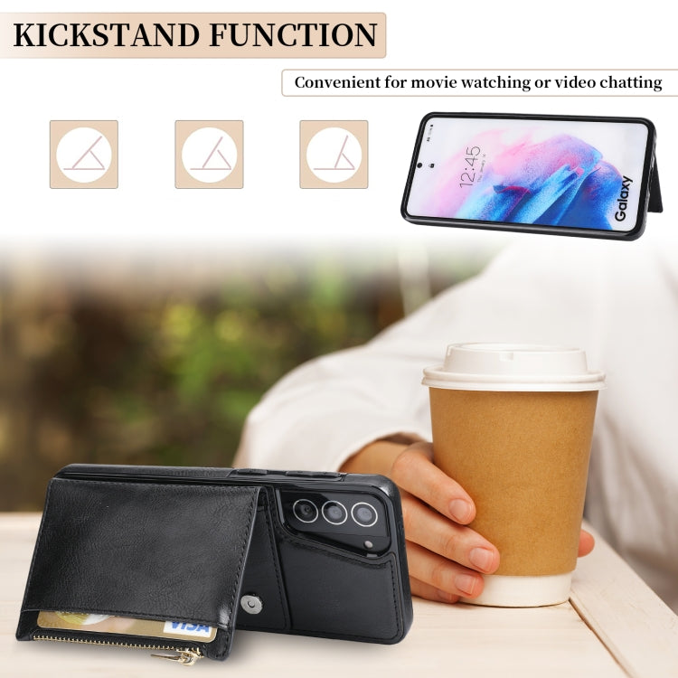 For Samsung Galaxy S21 5G Zipper Wallet Bag PU Back Cover Shockrpoof Phone Case with Holder & Card Slots & Wallet