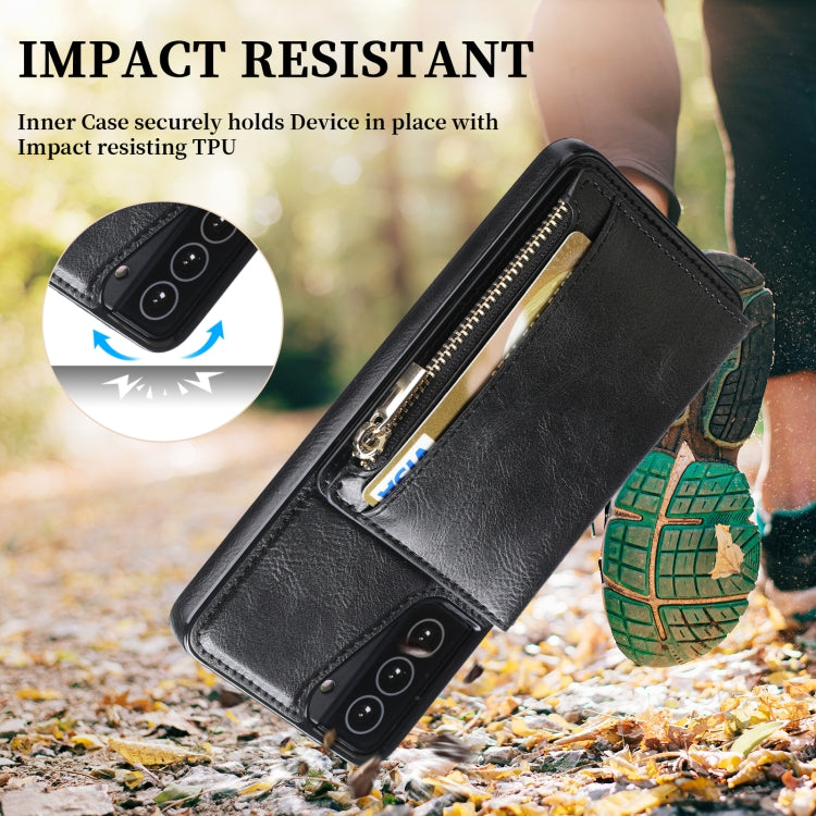 For Samsung Galaxy S21 5G Zipper Wallet Bag PU Back Cover Shockrpoof Phone Case with Holder & Card Slots & Wallet