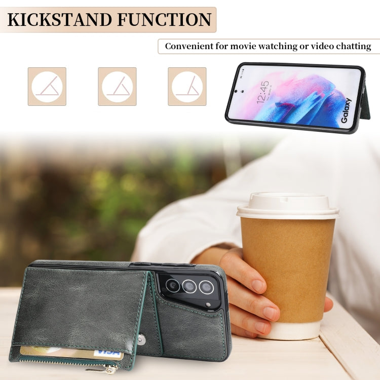 For Samsung Galaxy S21 5G Zipper Wallet Bag PU Back Cover Shockrpoof Phone Case with Holder & Card Slots & Wallet
