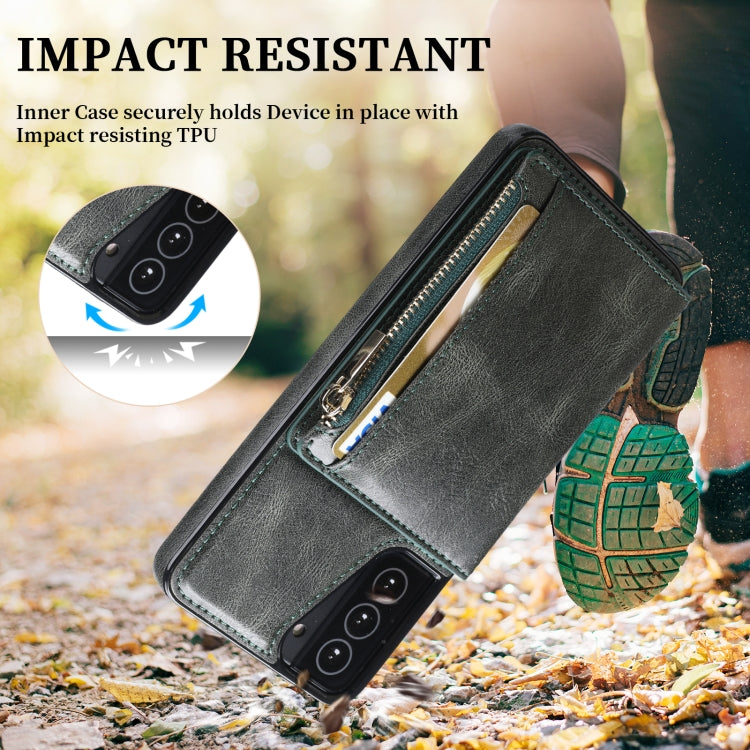 For Samsung Galaxy S21 5G Zipper Wallet Bag PU Back Cover Shockrpoof Phone Case with Holder & Card Slots & Wallet