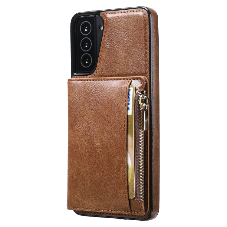 For Samsung Galaxy S21 5G Zipper Wallet Bag PU Back Cover Shockrpoof Phone Case with Holder & Card Slots & Wallet