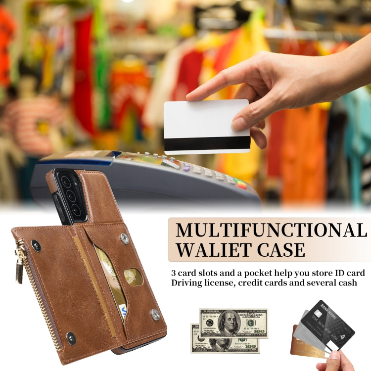 For Samsung Galaxy S21 5G Zipper Wallet Bag PU Back Cover Shockrpoof Phone Case with Holder & Card Slots & Wallet