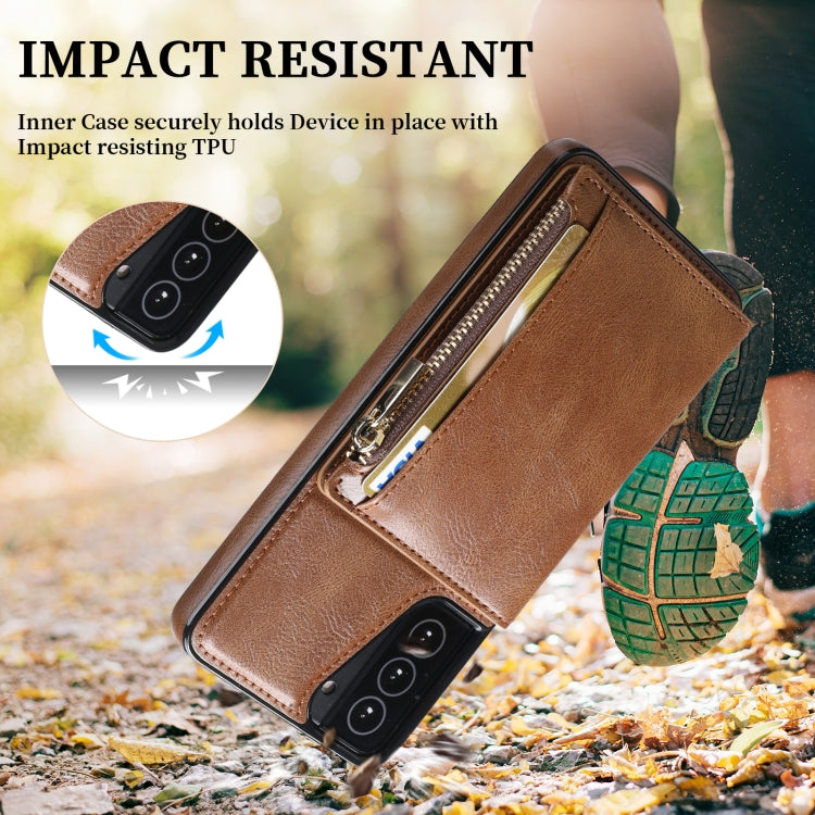 For Samsung Galaxy S21 5G Zipper Wallet Bag PU Back Cover Shockrpoof Phone Case with Holder & Card Slots & Wallet