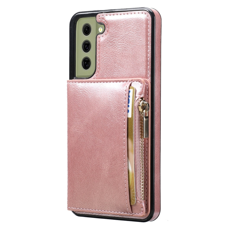 For Samsung Galaxy S21 FE 5G Zipper Wallet Bag PU Back Cover Shockrpoof Phone Case with Holder & Card Slots & Wallet