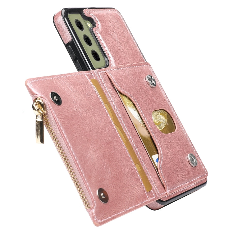 For Samsung Galaxy S21 FE 5G Zipper Wallet Bag PU Back Cover Shockrpoof Phone Case with Holder & Card Slots & Wallet