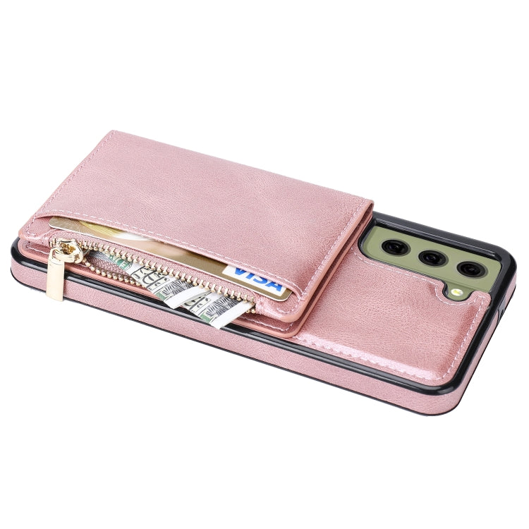 For Samsung Galaxy S21 FE 5G Zipper Wallet Bag PU Back Cover Shockrpoof Phone Case with Holder & Card Slots & Wallet