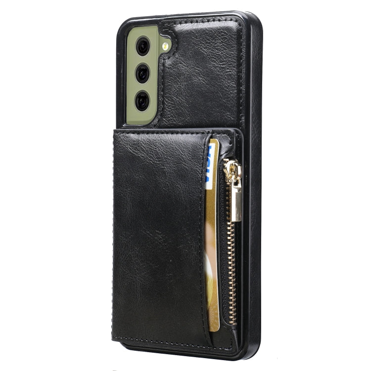 For Samsung Galaxy S21 FE 5G Zipper Wallet Bag PU Back Cover Shockrpoof Phone Case with Holder & Card Slots & Wallet