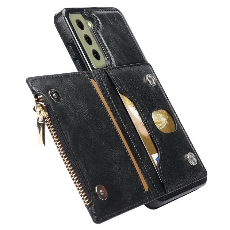 For Samsung Galaxy S21 FE 5G Zipper Wallet Bag PU Back Cover Shockrpoof Phone Case with Holder & Card Slots & Wallet