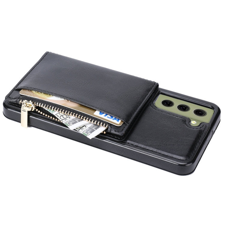 For Samsung Galaxy S21 FE 5G Zipper Wallet Bag PU Back Cover Shockrpoof Phone Case with Holder & Card Slots & Wallet