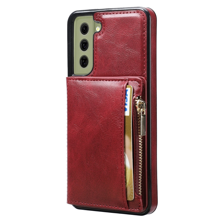 For Samsung Galaxy S21 FE 5G Zipper Wallet Bag PU Back Cover Shockrpoof Phone Case with Holder & Card Slots & Wallet