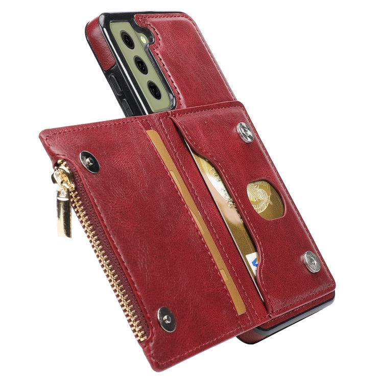 For Samsung Galaxy S21 FE 5G Zipper Wallet Bag PU Back Cover Shockrpoof Phone Case with Holder & Card Slots & Wallet