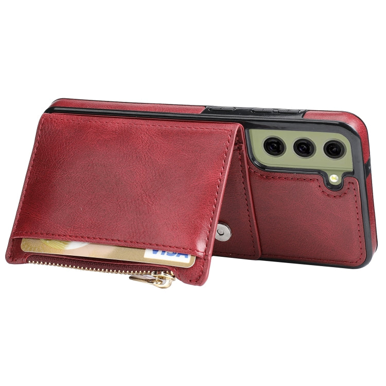 For Samsung Galaxy S21 FE 5G Zipper Wallet Bag PU Back Cover Shockrpoof Phone Case with Holder & Card Slots & Wallet