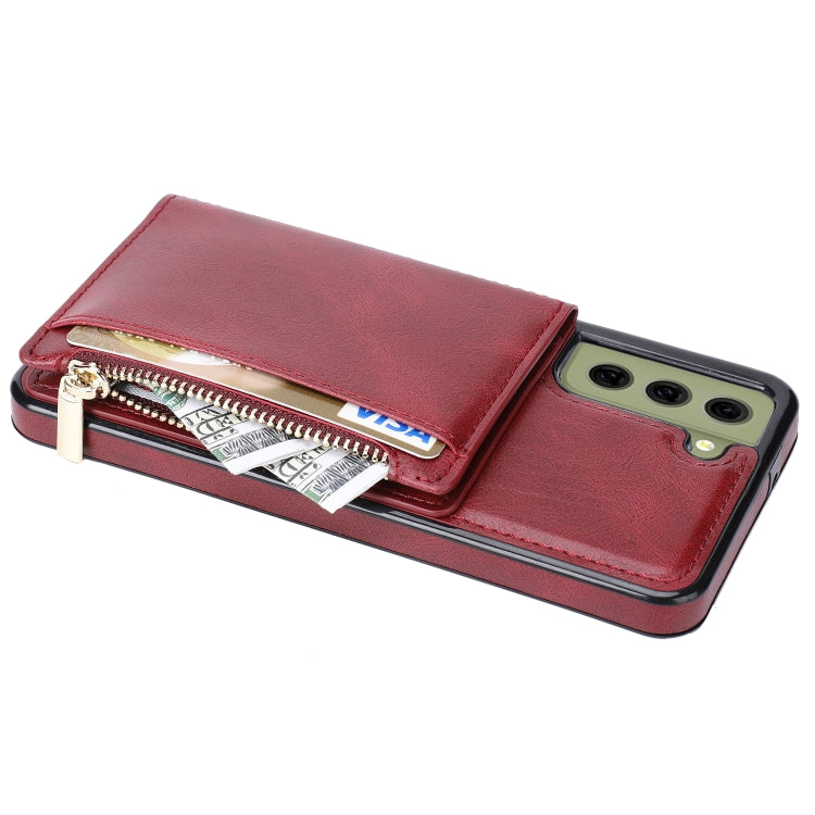 For Samsung Galaxy S21 FE 5G Zipper Wallet Bag PU Back Cover Shockrpoof Phone Case with Holder & Card Slots & Wallet