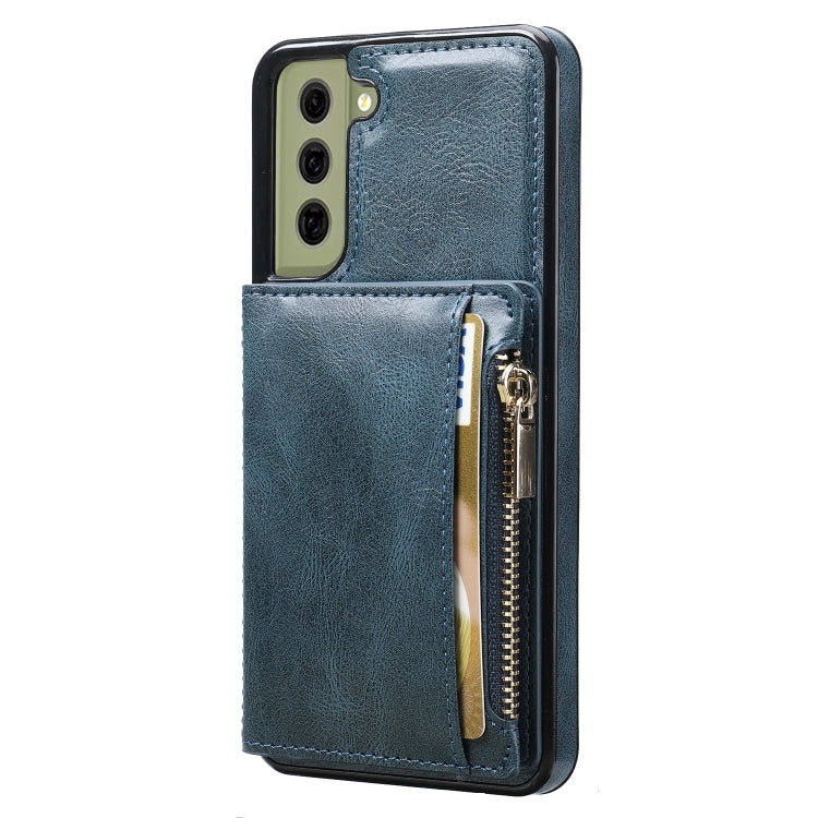 For Samsung Galaxy S21 FE 5G Zipper Wallet Bag PU Back Cover Shockrpoof Phone Case with Holder & Card Slots & Wallet