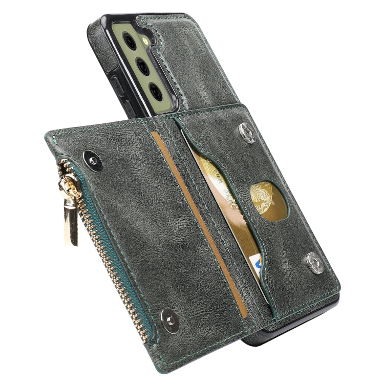 For Samsung Galaxy S21 FE 5G Zipper Wallet Bag PU Back Cover Shockrpoof Phone Case with Holder & Card Slots & Wallet