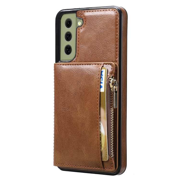 For Samsung Galaxy S21 FE 5G Zipper Wallet Bag PU Back Cover Shockrpoof Phone Case with Holder & Card Slots & Wallet