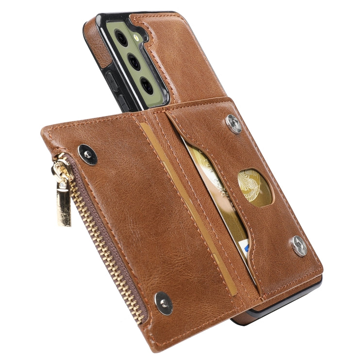 For Samsung Galaxy S21 FE 5G Zipper Wallet Bag PU Back Cover Shockrpoof Phone Case with Holder & Card Slots & Wallet