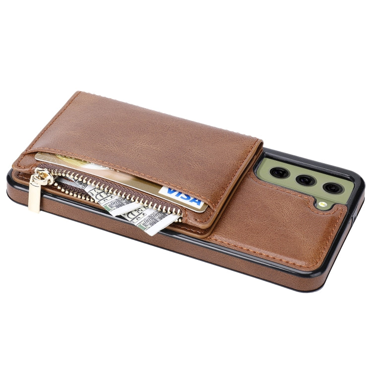 For Samsung Galaxy S21 FE 5G Zipper Wallet Bag PU Back Cover Shockrpoof Phone Case with Holder & Card Slots & Wallet