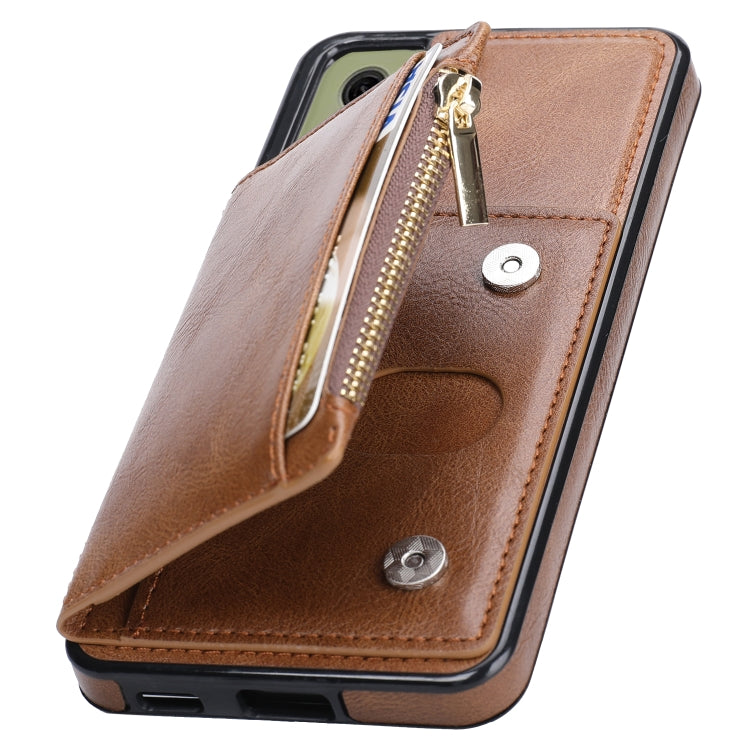 For Samsung Galaxy S21 FE 5G Zipper Wallet Bag PU Back Cover Shockrpoof Phone Case with Holder & Card Slots & Wallet