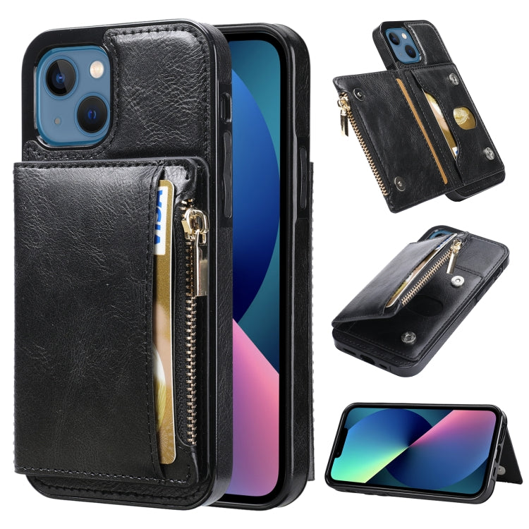For iPhone 13 Zipper Wallet Bag PU Back Cover Shockrpoof Phone Case with Holder & Card Slots & Wallet