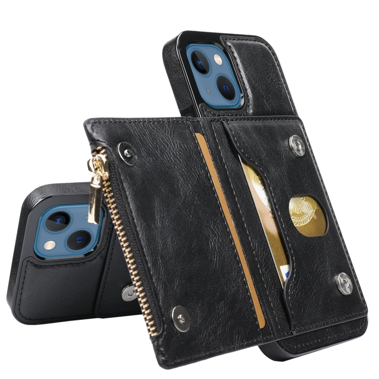 For iPhone 13 Zipper Wallet Bag PU Back Cover Shockrpoof Phone Case with Holder & Card Slots & Wallet