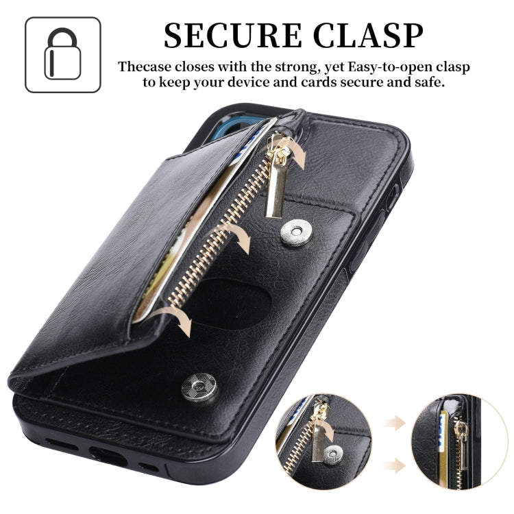 For iPhone 13 Zipper Wallet Bag PU Back Cover Shockrpoof Phone Case with Holder & Card Slots & Wallet