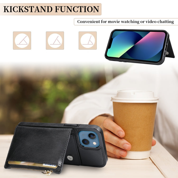 For iPhone 13 Zipper Wallet Bag PU Back Cover Shockrpoof Phone Case with Holder & Card Slots & Wallet