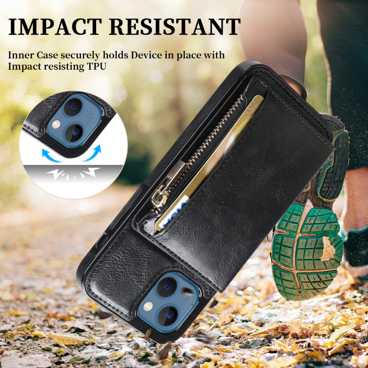 For iPhone 13 Zipper Wallet Bag PU Back Cover Shockrpoof Phone Case with Holder & Card Slots & Wallet