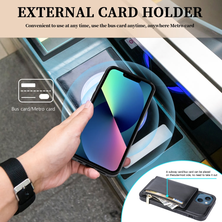For iPhone 13 Zipper Wallet Bag PU Back Cover Shockrpoof Phone Case with Holder & Card Slots & Wallet