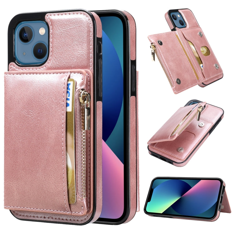 For iPhone 13 Zipper Wallet Bag PU Back Cover Shockrpoof Phone Case with Holder & Card Slots & Wallet