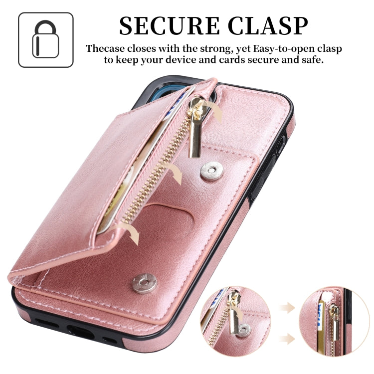 For iPhone 13 Zipper Wallet Bag PU Back Cover Shockrpoof Phone Case with Holder & Card Slots & Wallet
