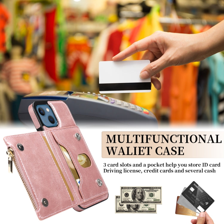 For iPhone 13 Zipper Wallet Bag PU Back Cover Shockrpoof Phone Case with Holder & Card Slots & Wallet