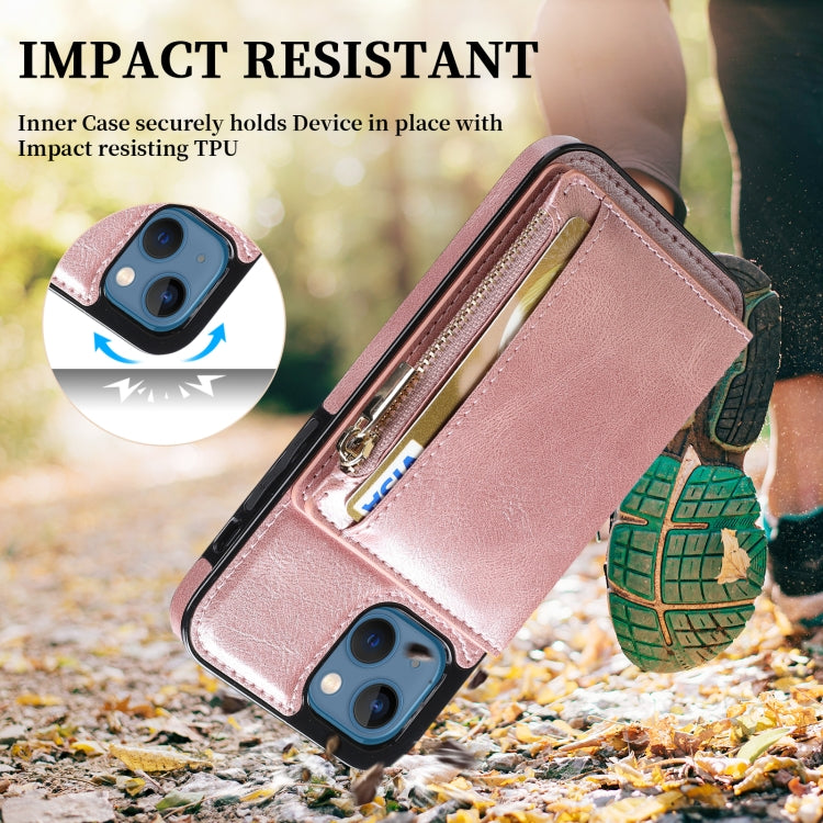 For iPhone 13 Zipper Wallet Bag PU Back Cover Shockrpoof Phone Case with Holder & Card Slots & Wallet