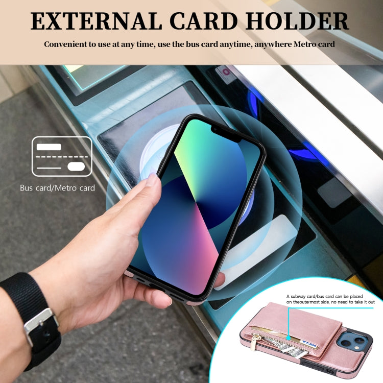 For iPhone 13 Zipper Wallet Bag PU Back Cover Shockrpoof Phone Case with Holder & Card Slots & Wallet