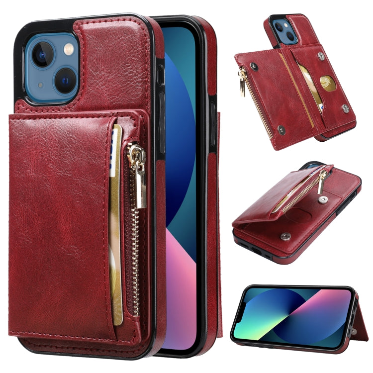 For iPhone 13 Zipper Wallet Bag PU Back Cover Shockrpoof Phone Case with Holder & Card Slots & Wallet
