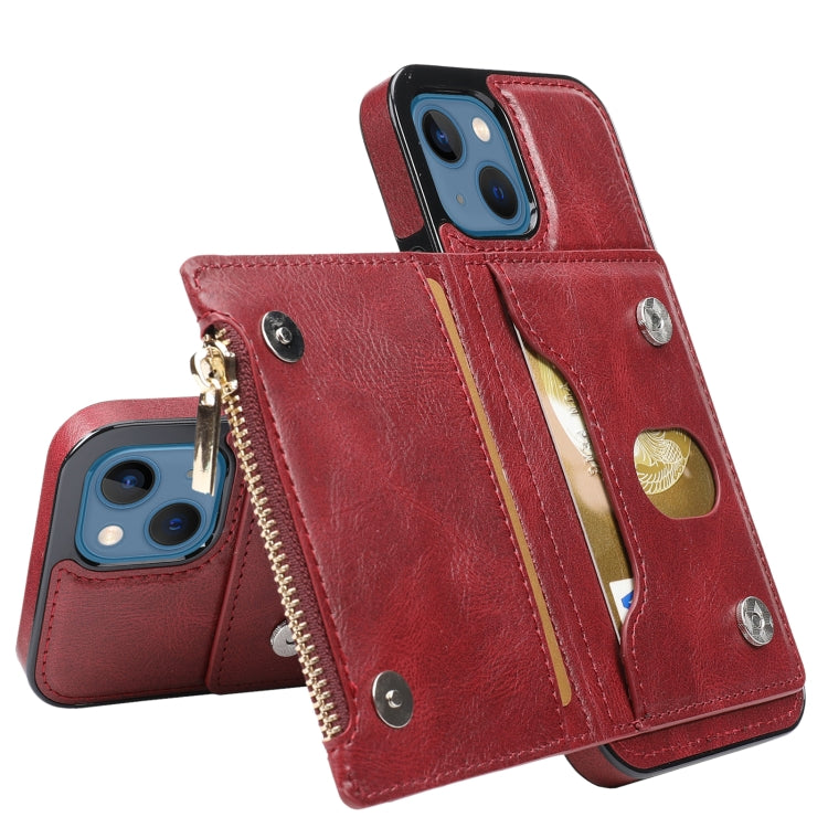 For iPhone 13 Zipper Wallet Bag PU Back Cover Shockrpoof Phone Case with Holder & Card Slots & Wallet