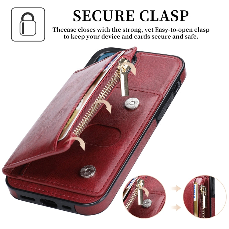 For iPhone 13 Zipper Wallet Bag PU Back Cover Shockrpoof Phone Case with Holder & Card Slots & Wallet