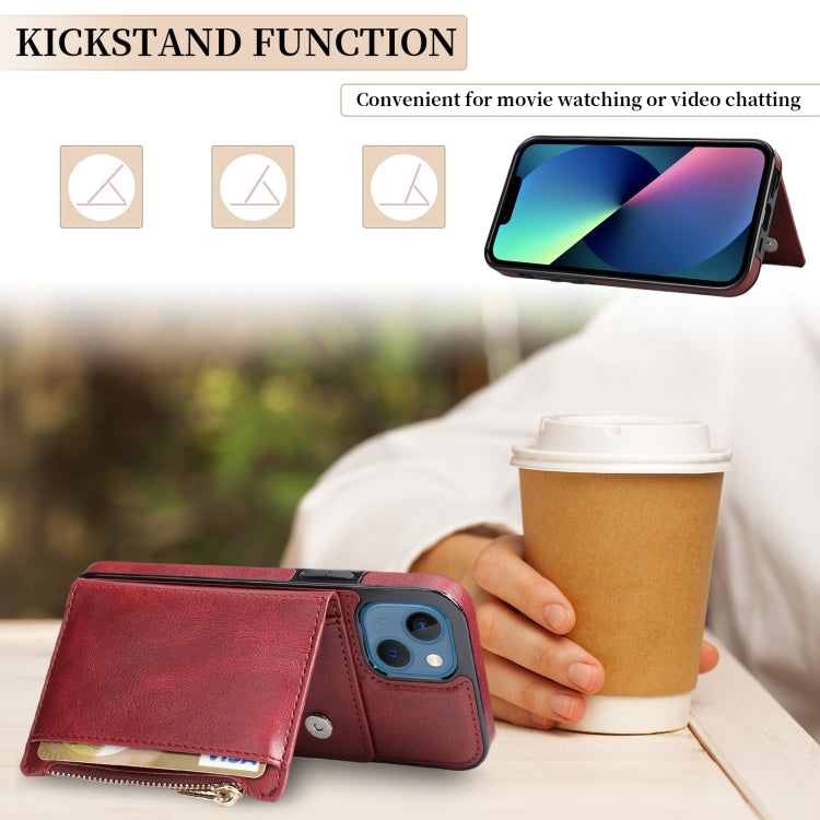 For iPhone 13 Zipper Wallet Bag PU Back Cover Shockrpoof Phone Case with Holder & Card Slots & Wallet