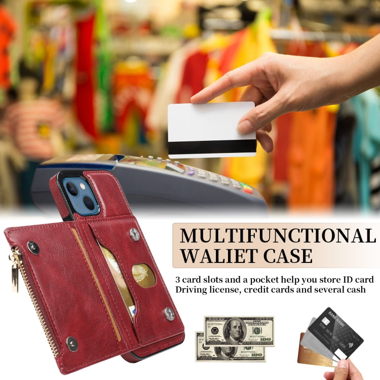 For iPhone 13 Zipper Wallet Bag PU Back Cover Shockrpoof Phone Case with Holder & Card Slots & Wallet