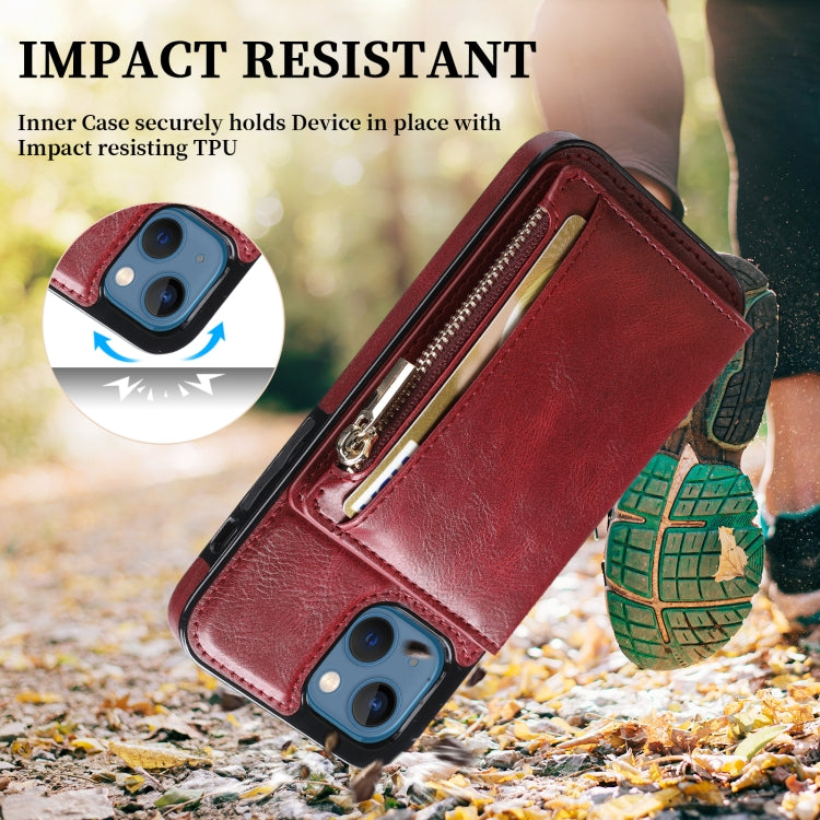 For iPhone 13 Zipper Wallet Bag PU Back Cover Shockrpoof Phone Case with Holder & Card Slots & Wallet