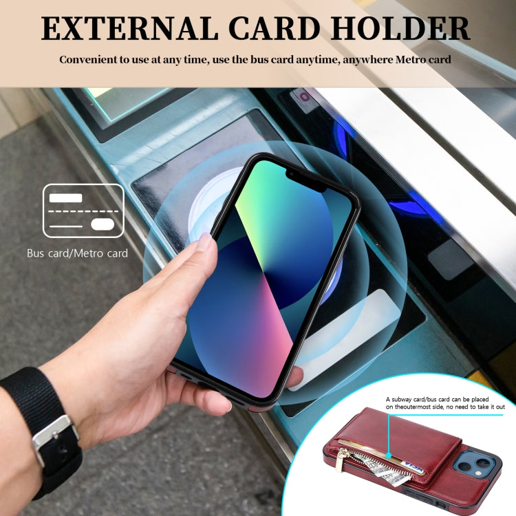 For iPhone 13 Zipper Wallet Bag PU Back Cover Shockrpoof Phone Case with Holder & Card Slots & Wallet