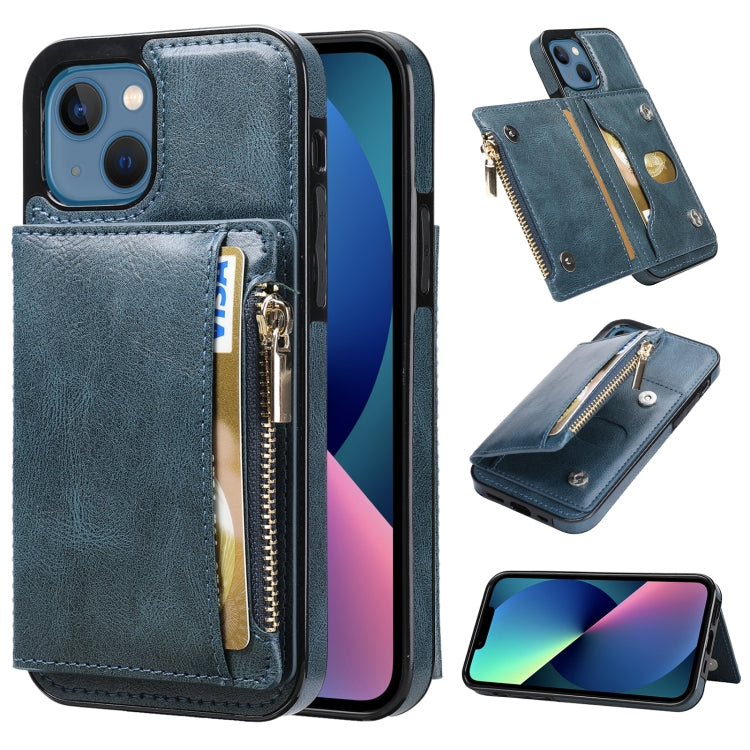 For iPhone 13 Zipper Wallet Bag PU Back Cover Shockrpoof Phone Case with Holder & Card Slots & Wallet