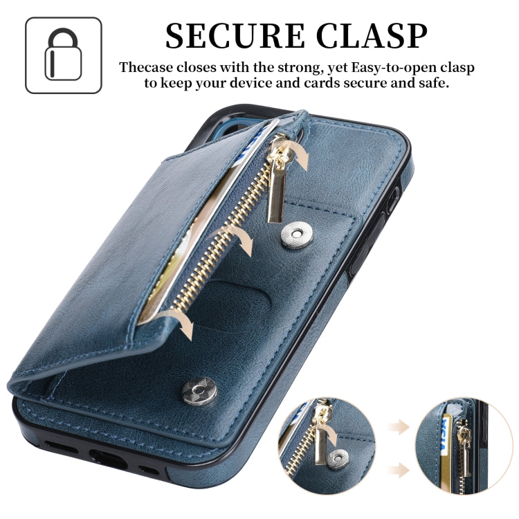 For iPhone 13 Zipper Wallet Bag PU Back Cover Shockrpoof Phone Case with Holder & Card Slots & Wallet